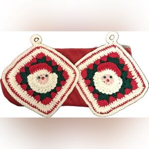 Handmade Hand Knit Festive Crochet Santa Granny Square Pot Holders Crocheted Set